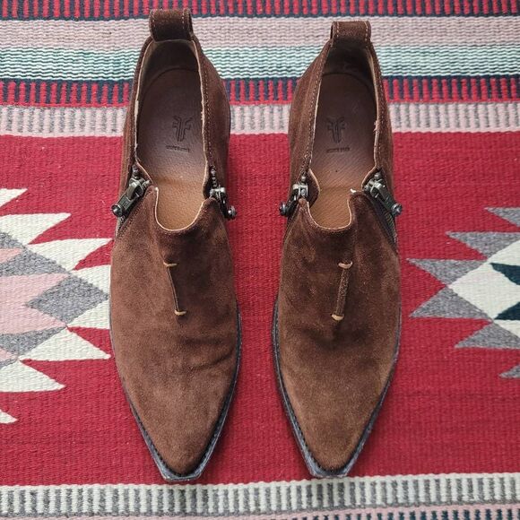 Frye Sacha Shootie Size 7‎ Chocolate Brown Suede Moto Ankle Bootie Boho Cowgirl - Picture 2 of 8